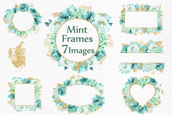 Gold Mint Flower Frames: Wedding Illustrations