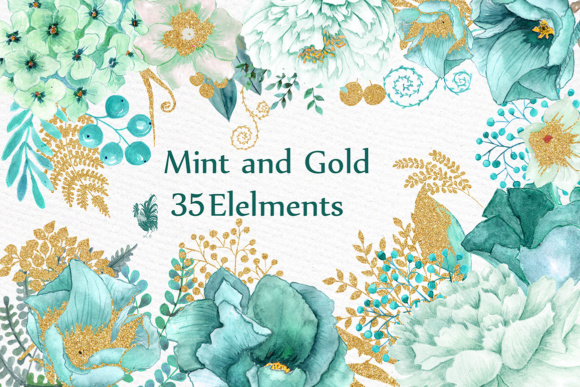 Gold Mint Watercolor Flowers & Illustrations