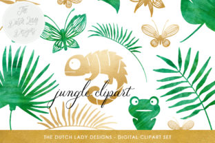 Jungle Clipart Set: Green Watercolor Gold Illustrations