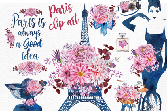 Paris Watercolor Eiffel Tower Clipart & Illustrations