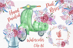 Pink Flower Watercolor Roses and Scooter Illustrations