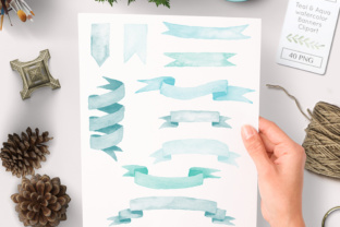 Teal Banners Watercolor Clipart Graphics & Illustrations